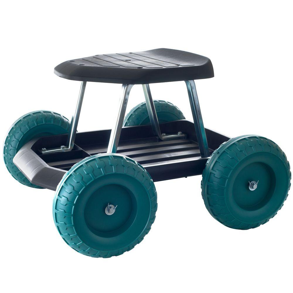 Rolling garden work seat cart with 4 wheels