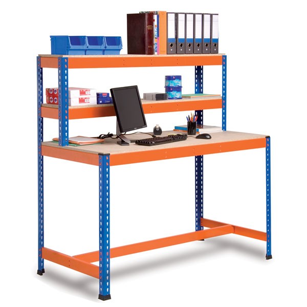 heavy duty Blue & Orange Bench 4 level Workstation With Chipboard Shelves boltle