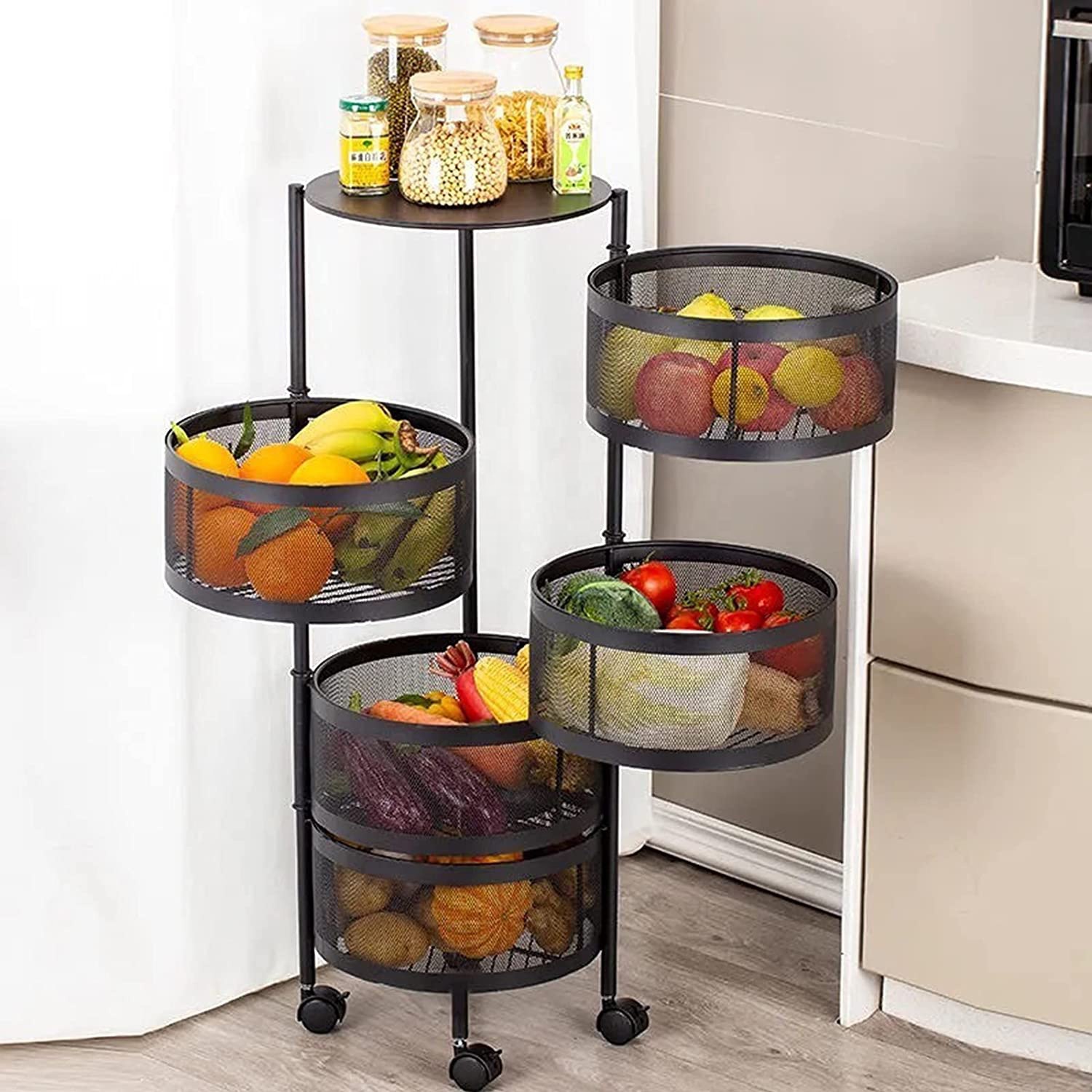4 Tires Kitchen Storage Rotary Rack Trolley Cart Rotating Round drawer Vegetable